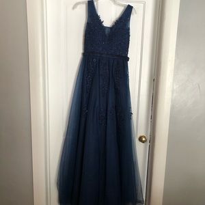 Long navy blue tulle prom dress
